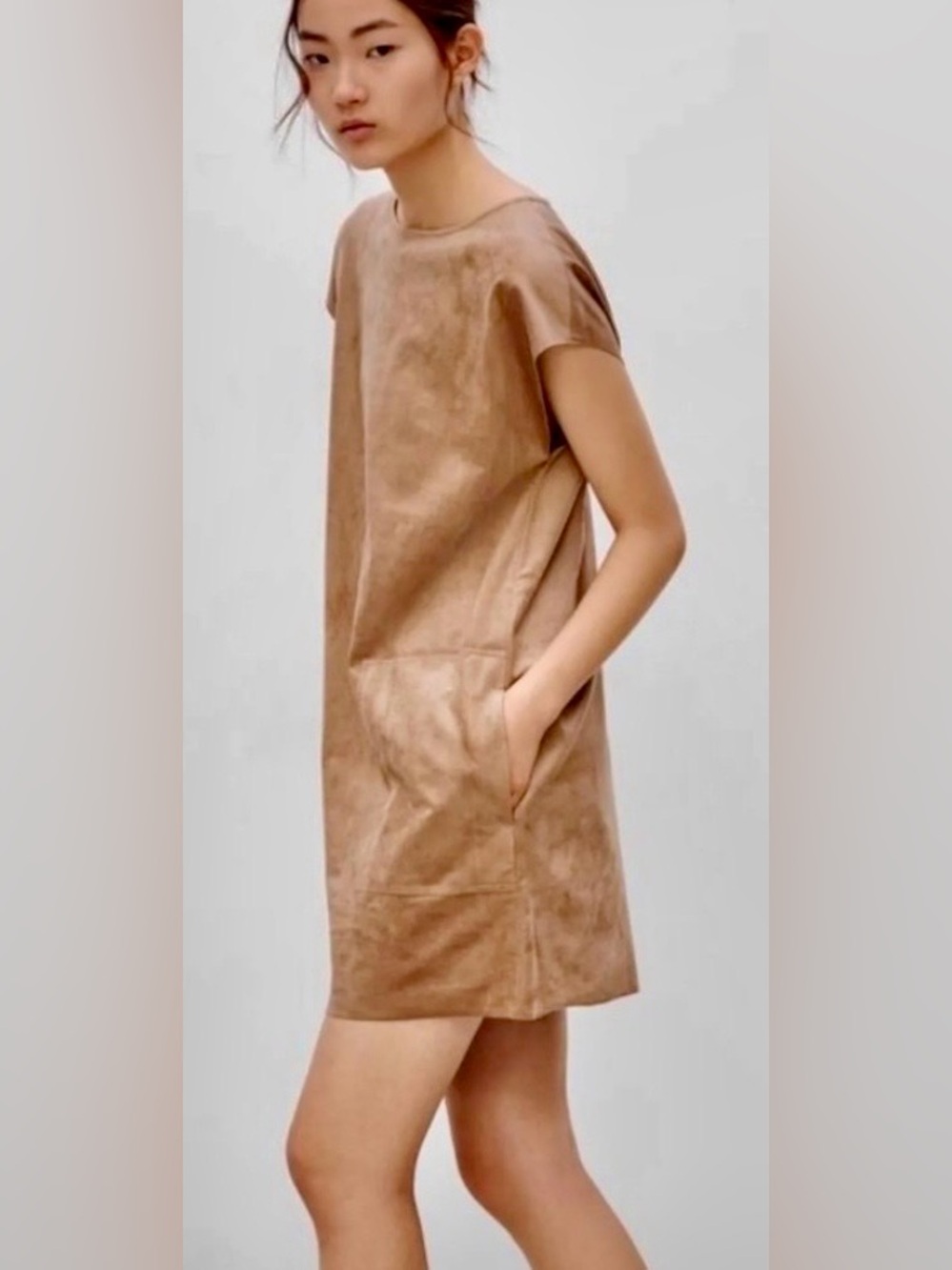 Wilfred Free Nori Faux Suede Shift Dress XS Tan Pockets Aritzia